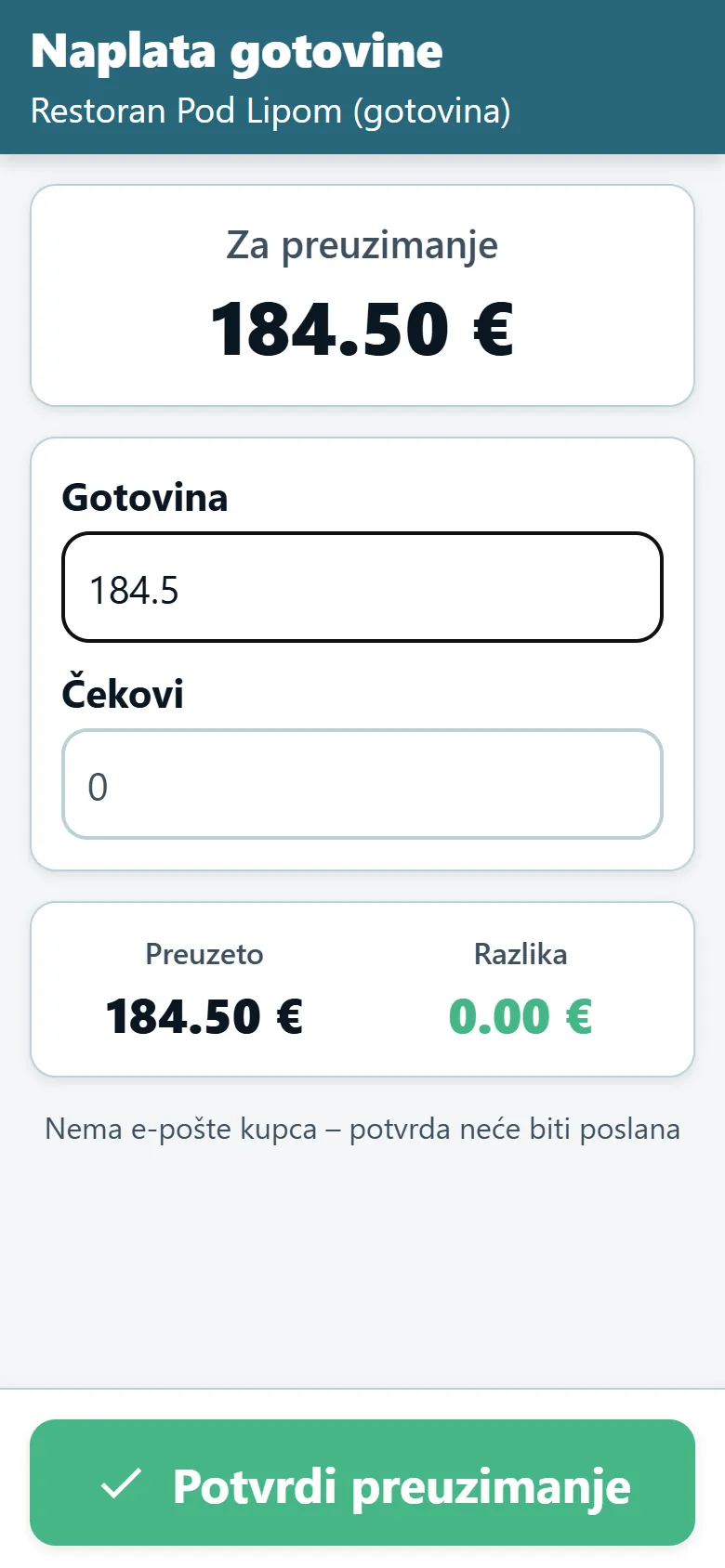 Zaslon naplate gotovine u aplikaciji za vozače OptiRoutes s iznosom za naplatu i poljima za gotovinu i čekove