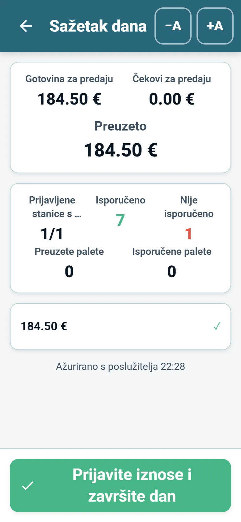 Sažetak na kraju dana u aplikaciji za vozače OptiRoutes s naplaćenim ukupnim iznosima i izjavom vozača