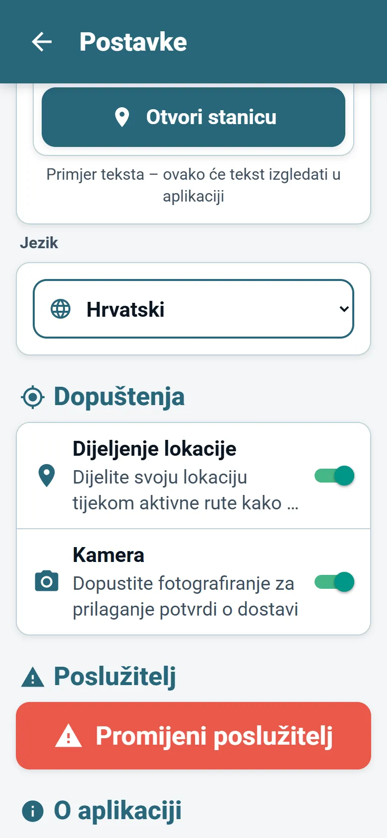 Izbornik aplikacije za vozače OptiRoutes s odabirom jezika i načina prikaza