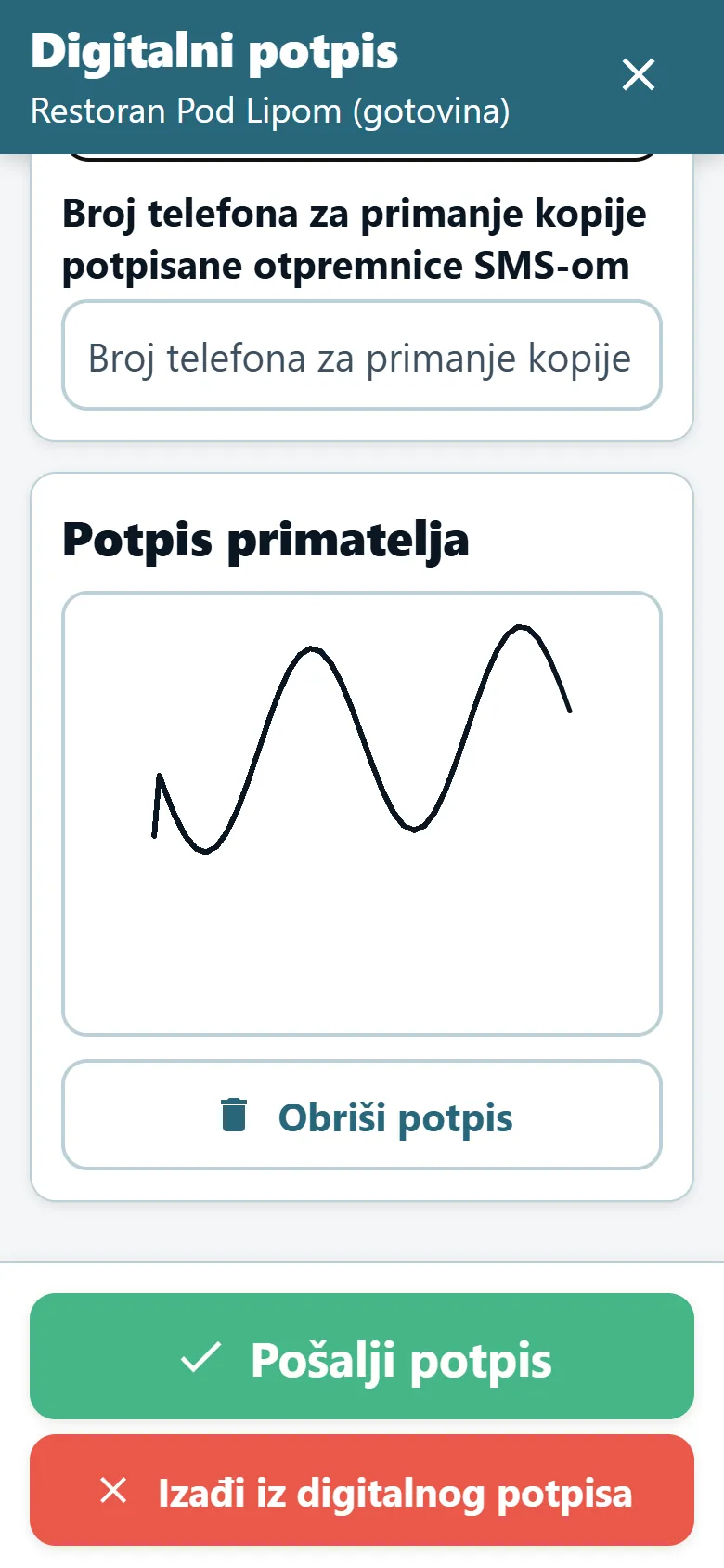 Zaslon dokaza o dostavi u aplikaciji za vozače OptiRoutes s poljem za potpis i nacrtanim potpisom