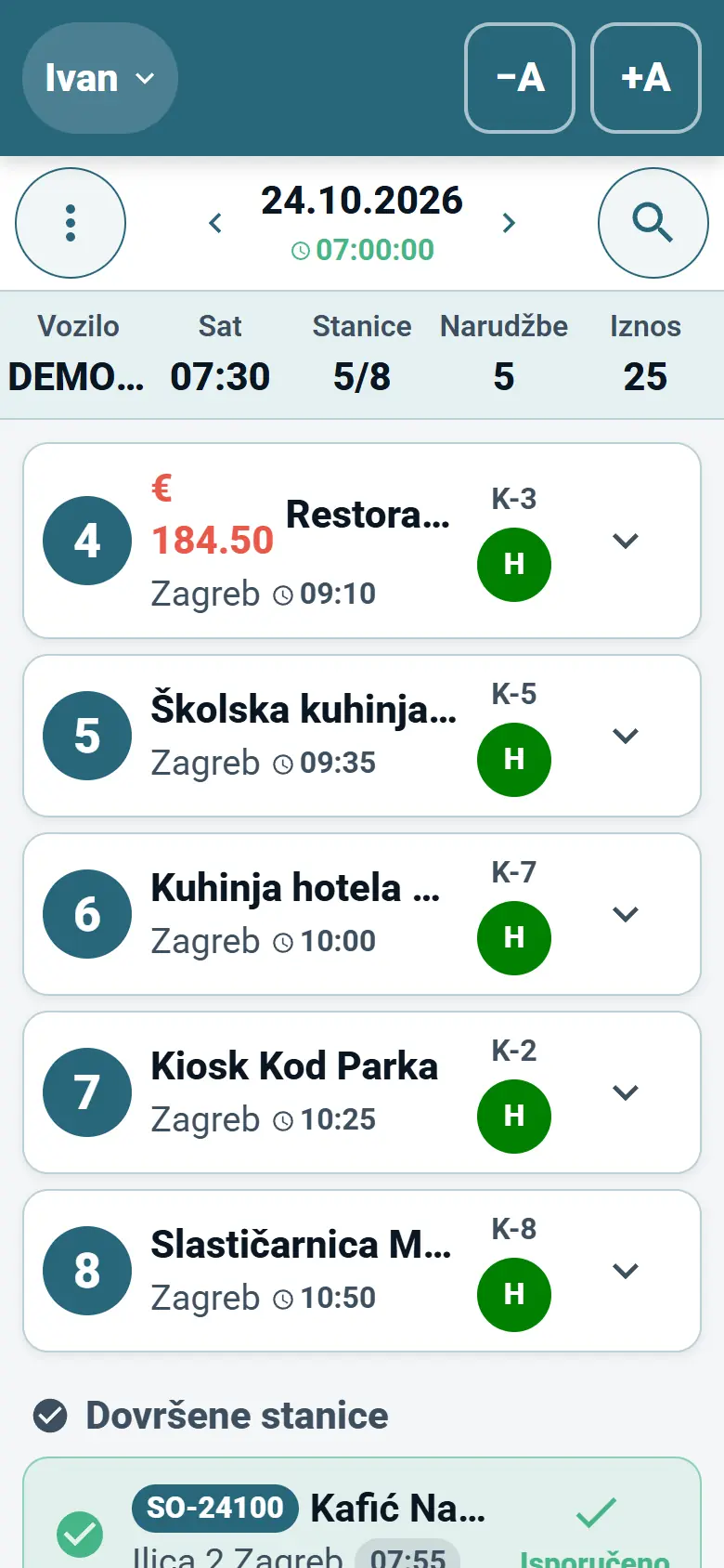 Aplikacija za vozače OptiRoutes s današnjom rutom kao popisom stanica dostave