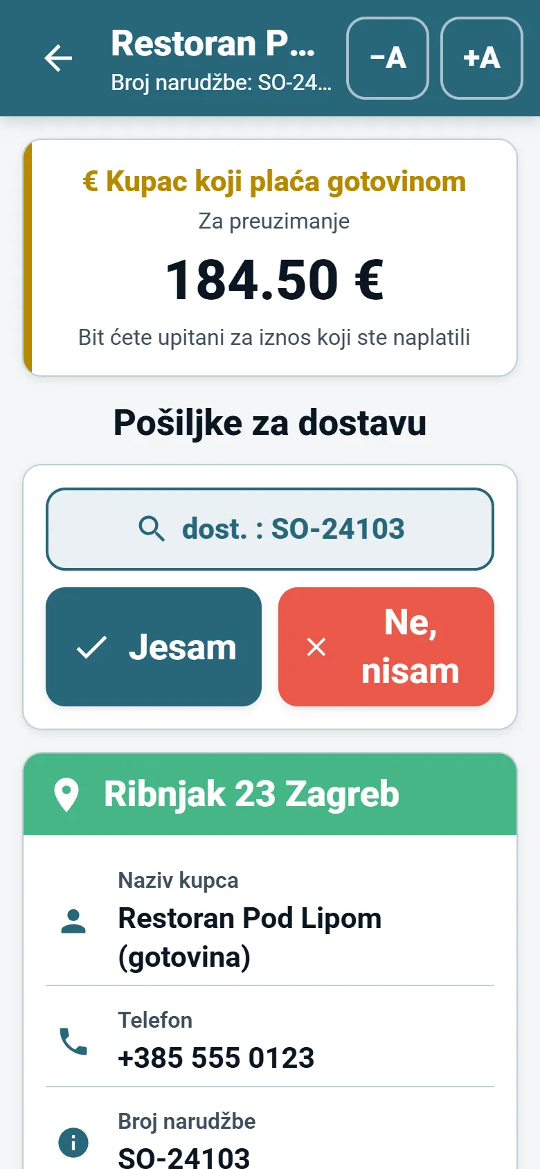 Zaslon stanice u aplikaciji za vozače OptiRoutes s podacima o kupcu, gumbom za navigaciju i gumbima za prijavu dostave