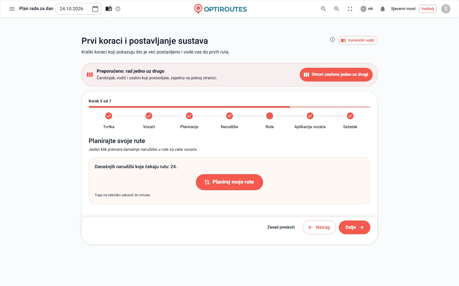 Čarobnjak za prve korake u OptiRoutesu na koraku koji planira rute dana