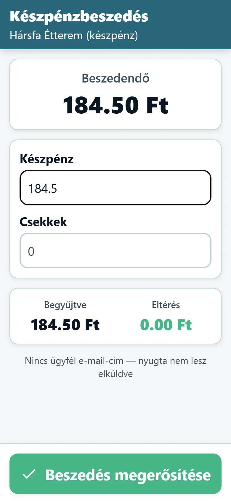 Az OptiRoutes sofőralkalmazás készpénzbeszedési képernyője a fizetendő összeggel és a készpénz és csekk mezőivel