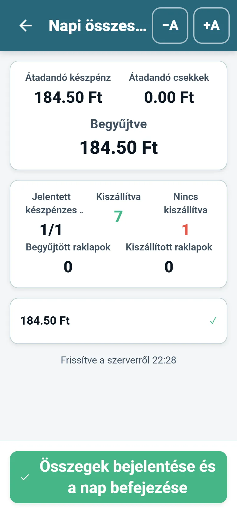 Az Optiroutes Driver napvégi összesítő képernyője