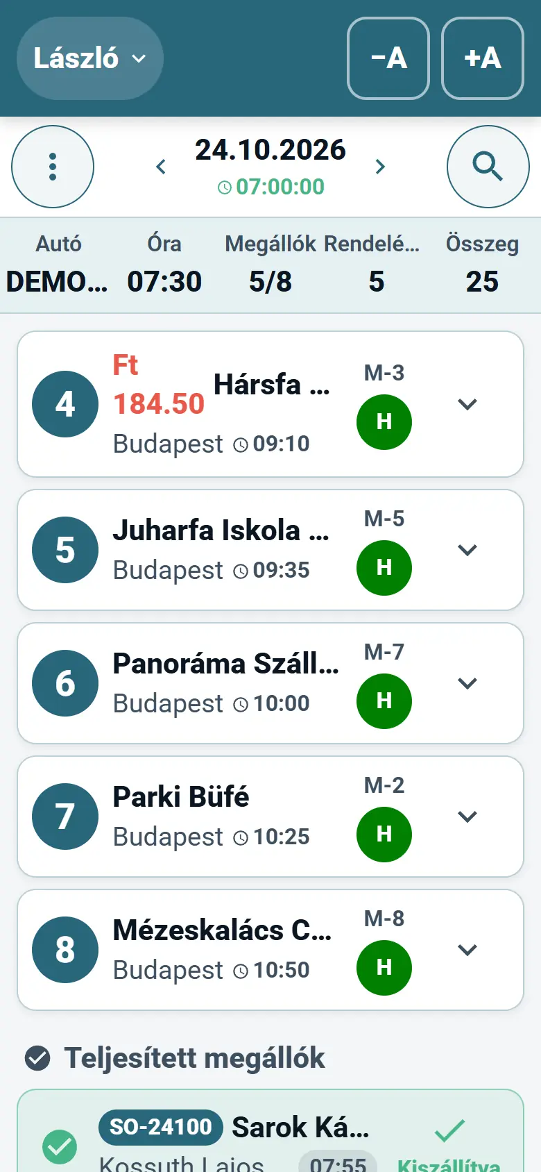 Az Optiroutes Driver alkalmazás kezdőképernyője a mai megállók listájával