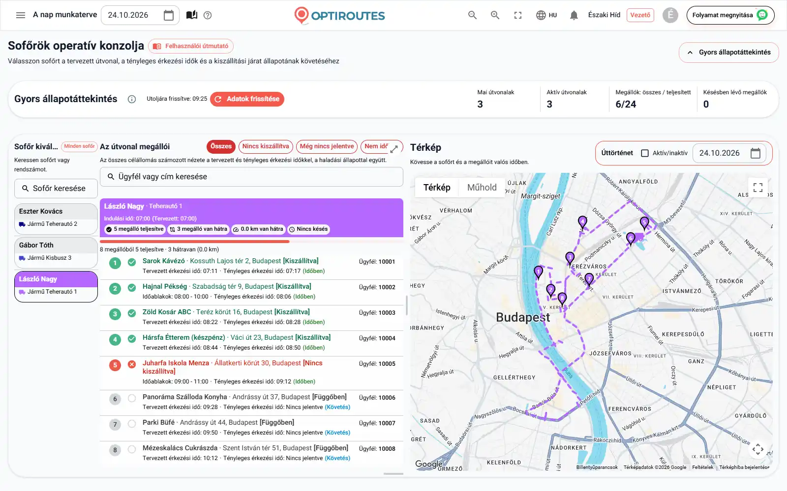 Az OptiRoutes valós idejű elosztás képernyője a sofőrök útvonalaival élő térképen és a megállók állapotlistájával