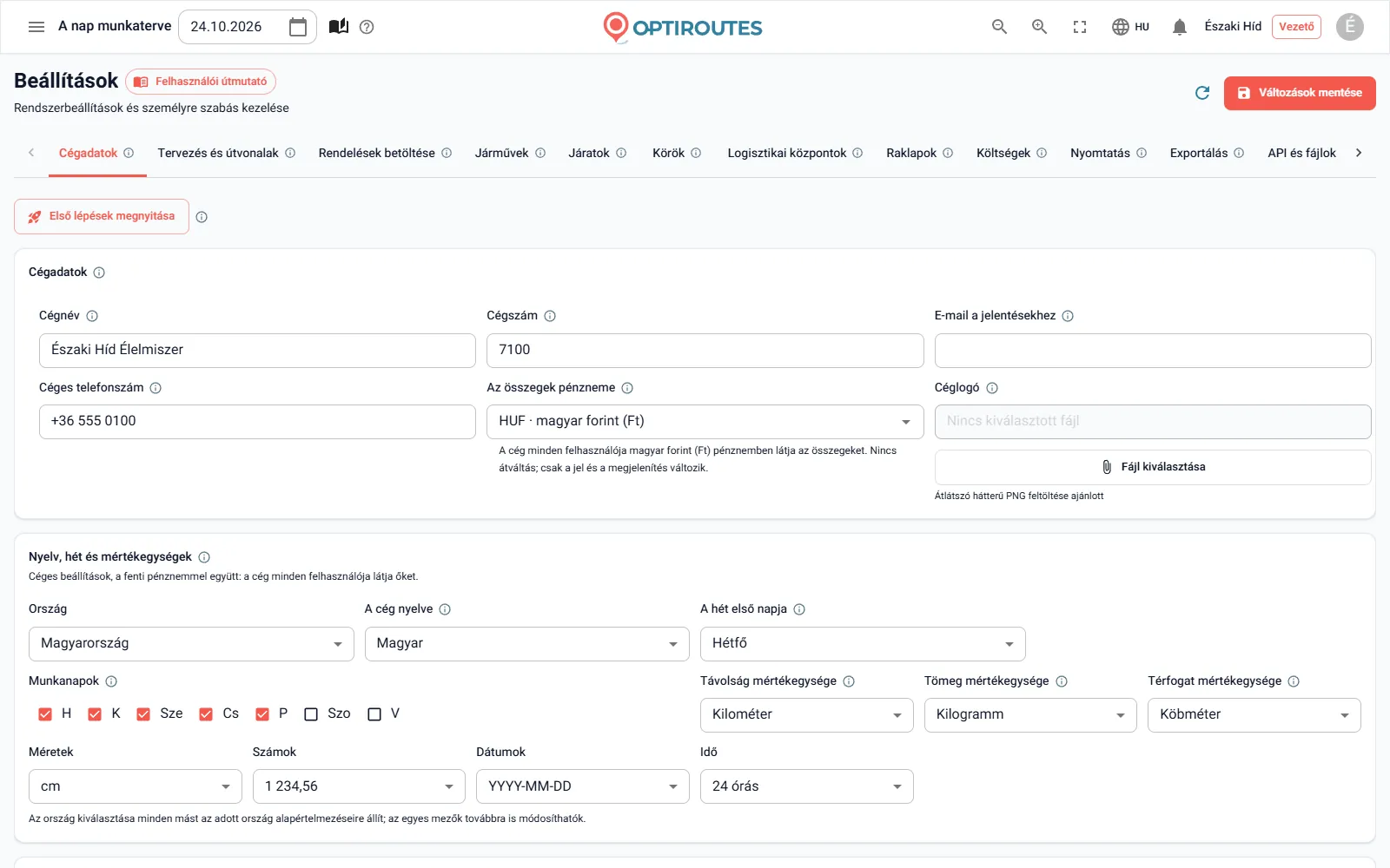 Az OptiRoutes beállítási képernyője a cég nyelvével, pénznemével, mértékegységeivel és a hét első napjával