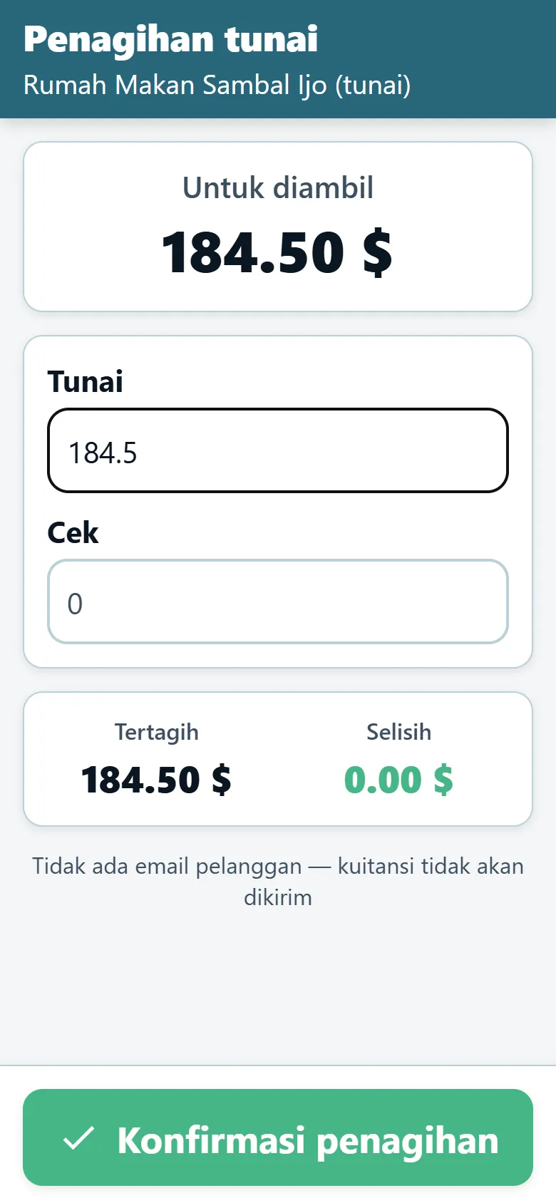 Layar penagihan tunai aplikasi pengemudi OptiRoutes yang menampilkan jumlah tagihan serta kolom tunai dan cek