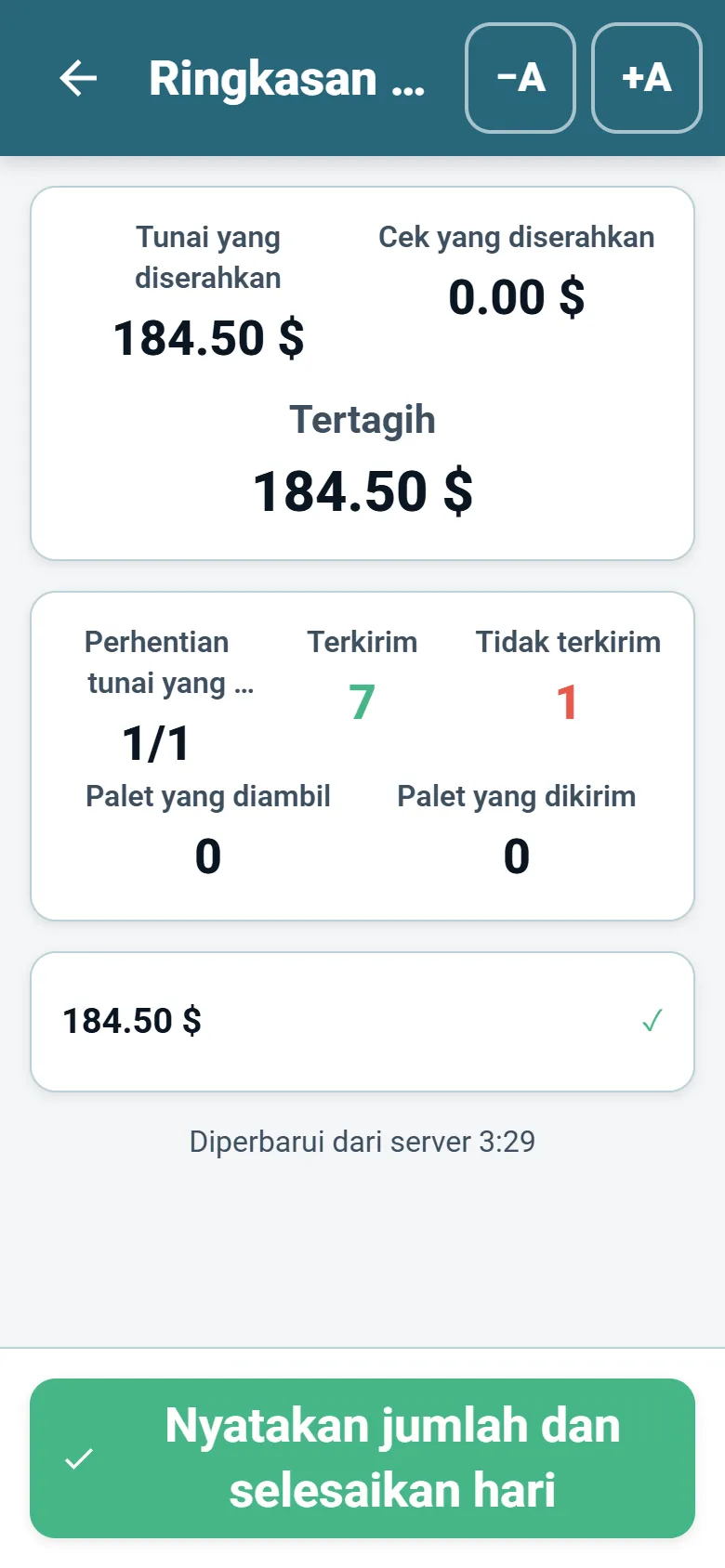 Ringkasan akhir hari aplikasi pengemudi OptiRoutes dengan total yang ditagih dan pernyataan pengemudi