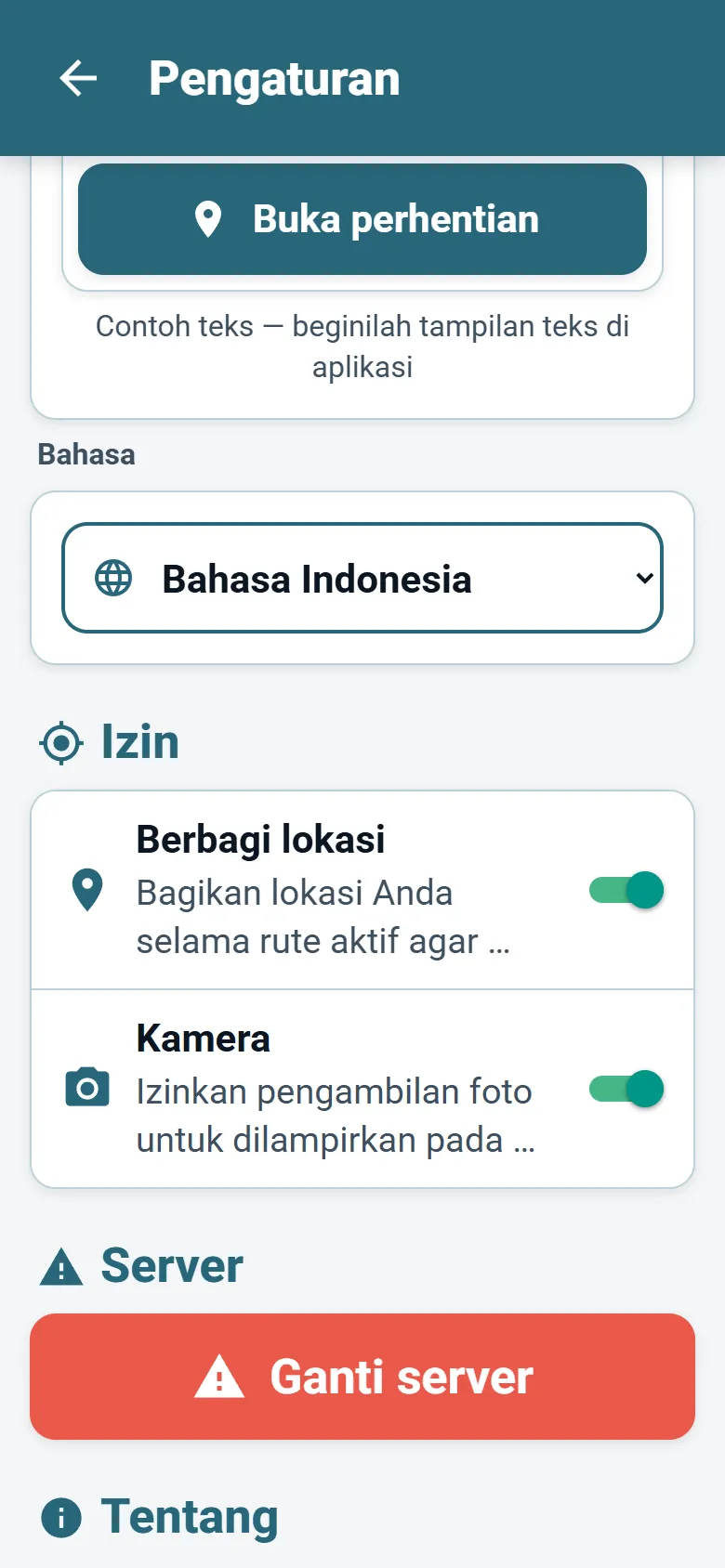 Menu aplikasi pengemudi OptiRoutes dengan pemilih bahasa dan opsi mode tampilan