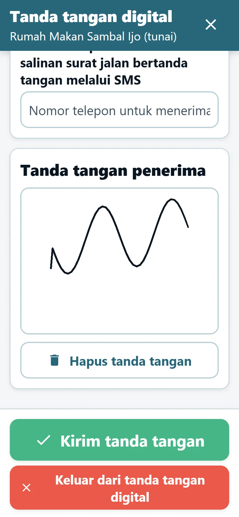 Layar bukti pengiriman aplikasi pengemudi OptiRoutes dengan bidang tanda tangan dan tanda tangan yang sudah digambar