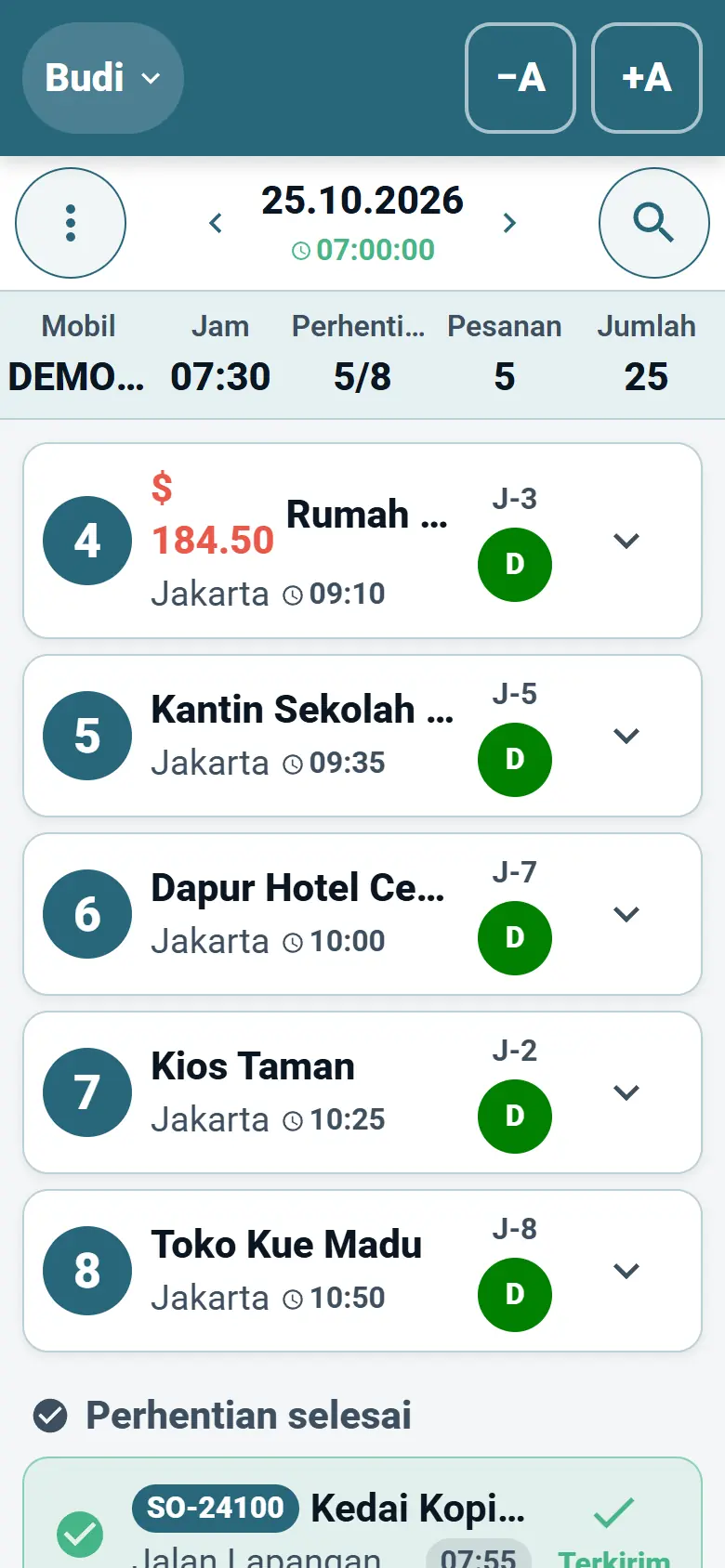 Aplikasi pengemudi OptiRoutes yang menampilkan rute hari ini sebagai daftar perhentian pengiriman