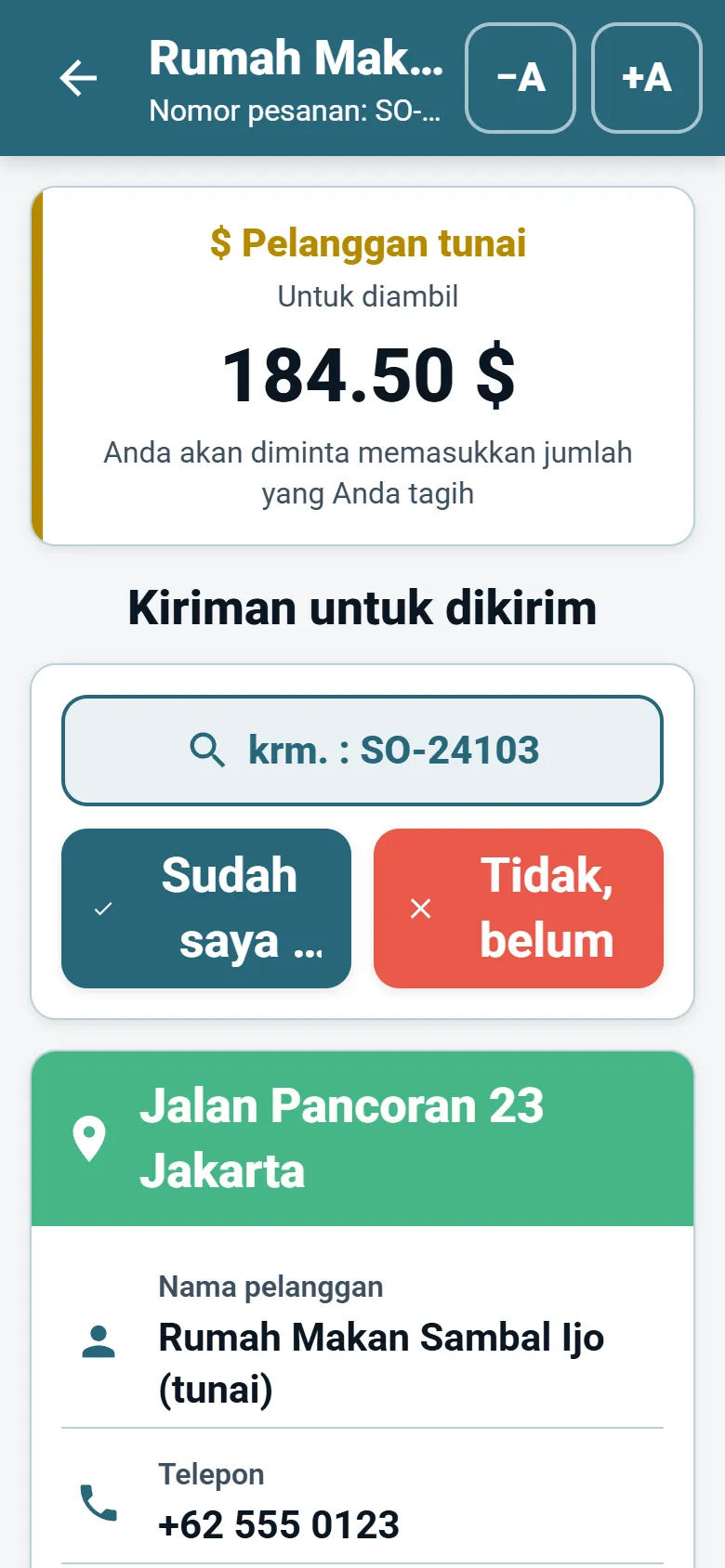 Layar perhentian aplikasi pengemudi OptiRoutes dengan detail pelanggan, tombol navigasi, dan tombol laporan pengiriman