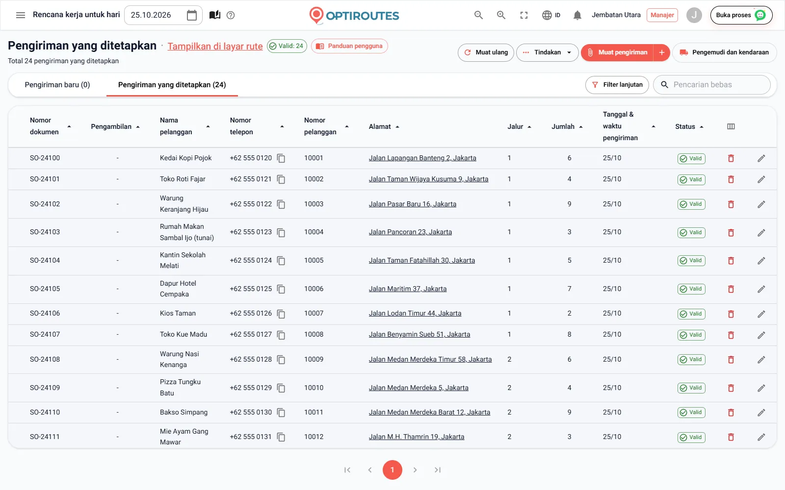 Layar pesanan OptiRoutes yang mencantumkan pengiriman hari itu dengan label status alamat dan kolom pilihan