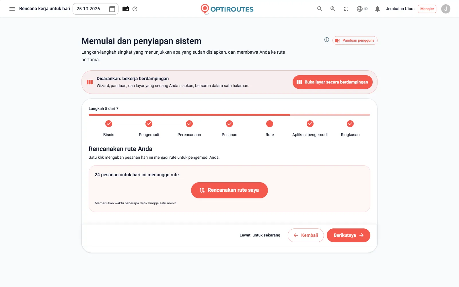 Wizard Memulai OptiRoutes, langkah 5, dengan tombol Rencanakan rute saya