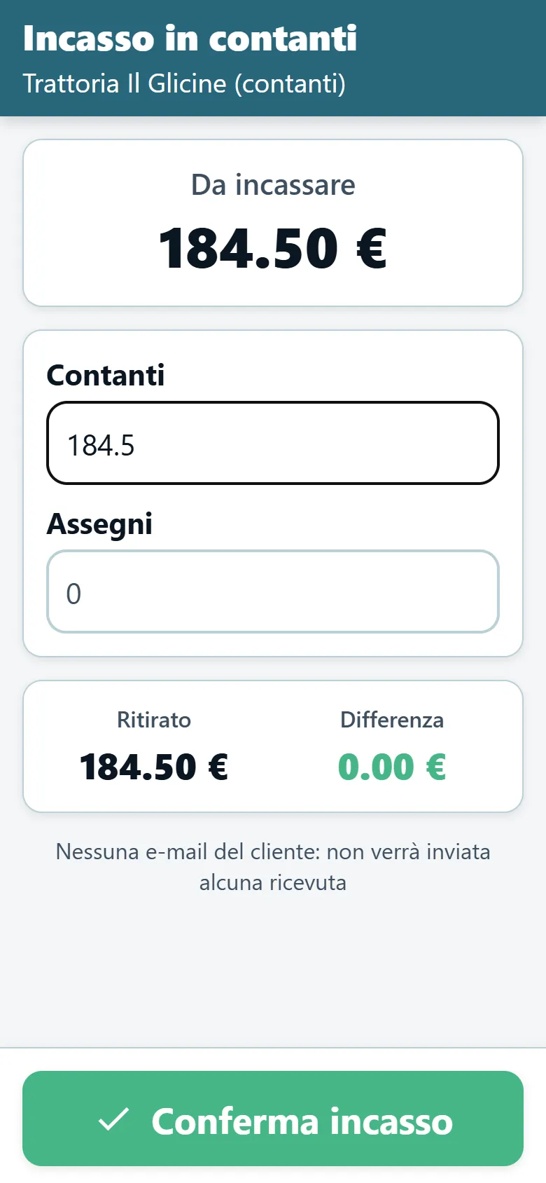 Schermata di incasso dei contanti nell'app OptiRoutes per gli autisti con l'importo dovuto e i campi per contanti e assegni