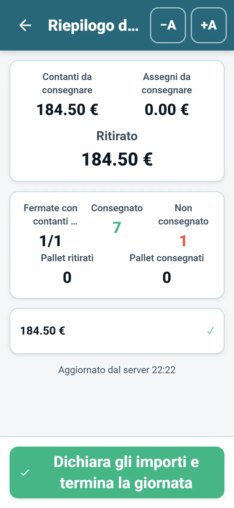 Schermata di riepilogo di fine giornata di Optiroutes Driver