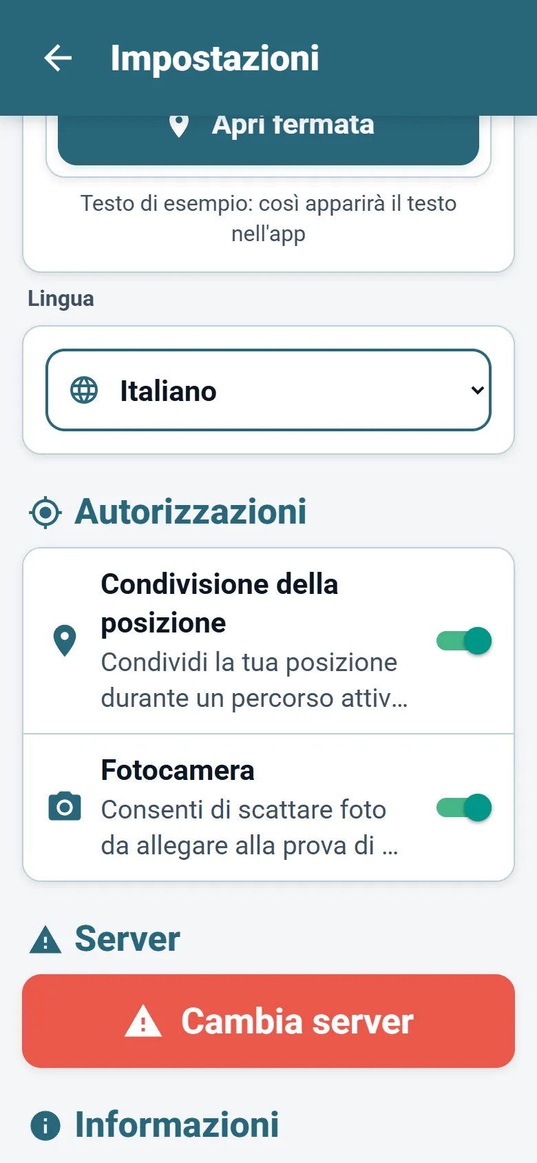 Menu di Optiroutes Driver con l'elenco delle lingue e la scelta della modalità di visualizzazione