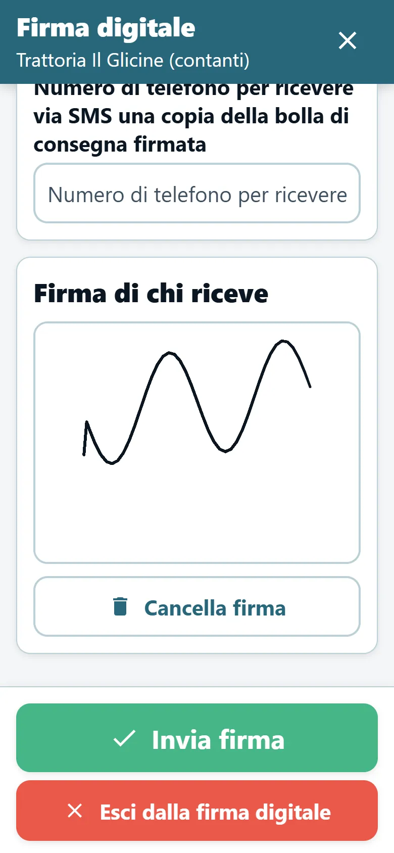 Schermata della prova di consegna nell'app OptiRoutes per gli autisti con un'area di firma e una firma tracciata