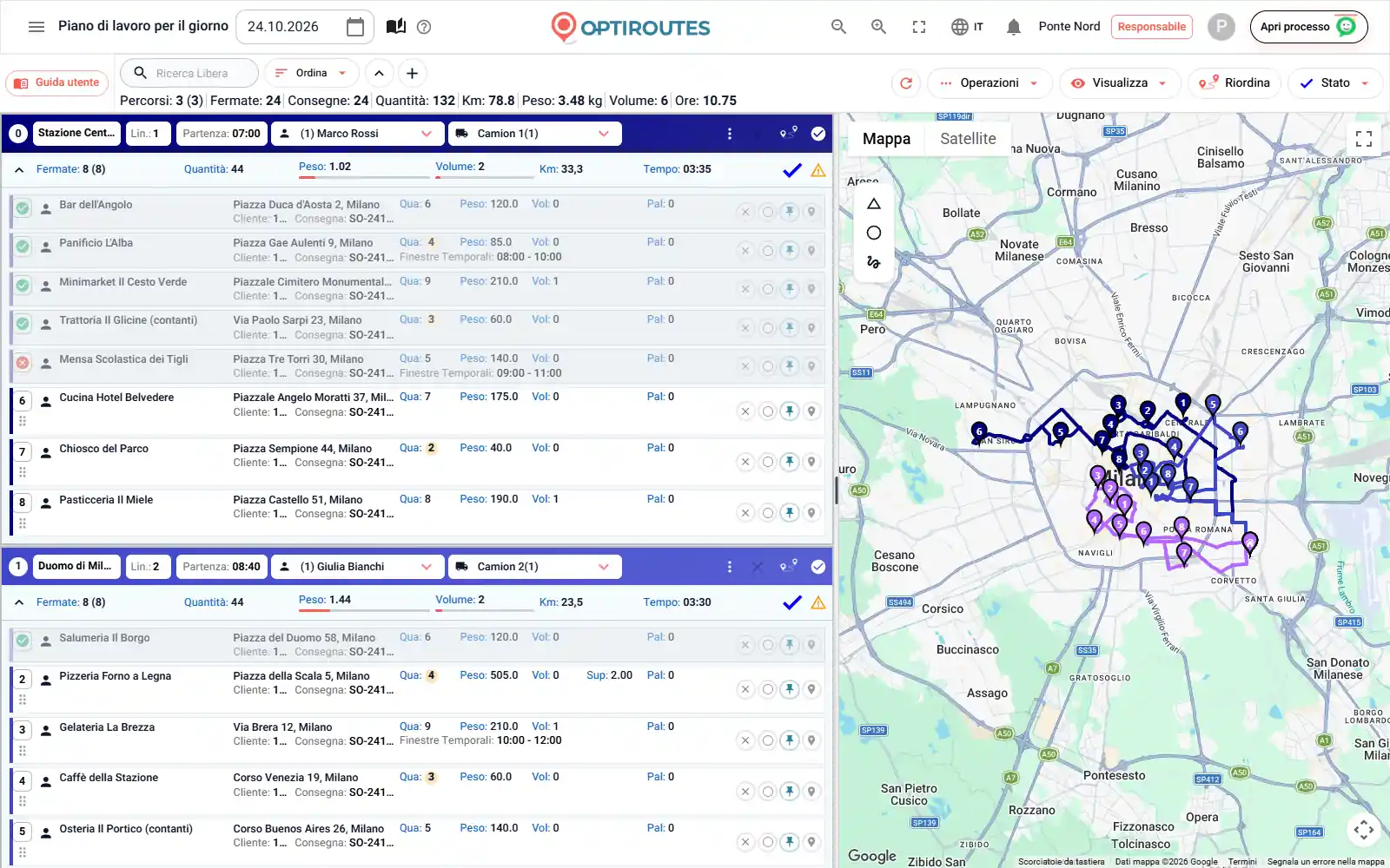 Schermata dei percorsi di OptiRoutes con schede che mostrano fermate, peso, volume e pallet