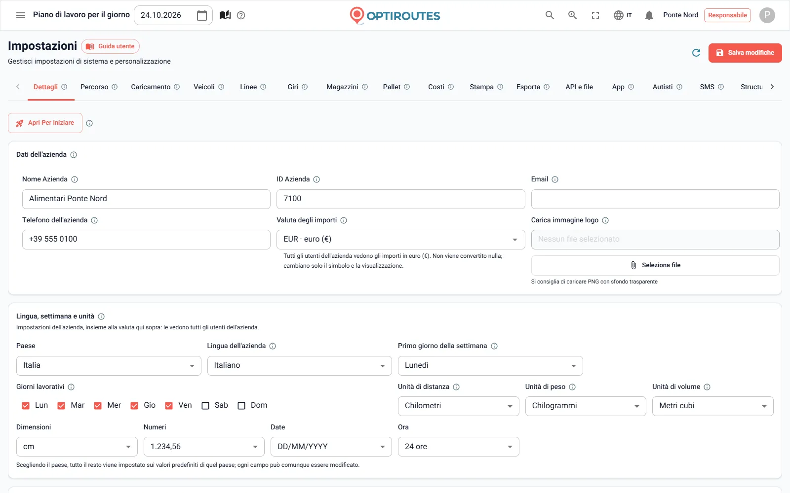 Schermata delle impostazioni di OptiRoutes con lingua aziendale, valuta, unità e primo giorno della settimana
