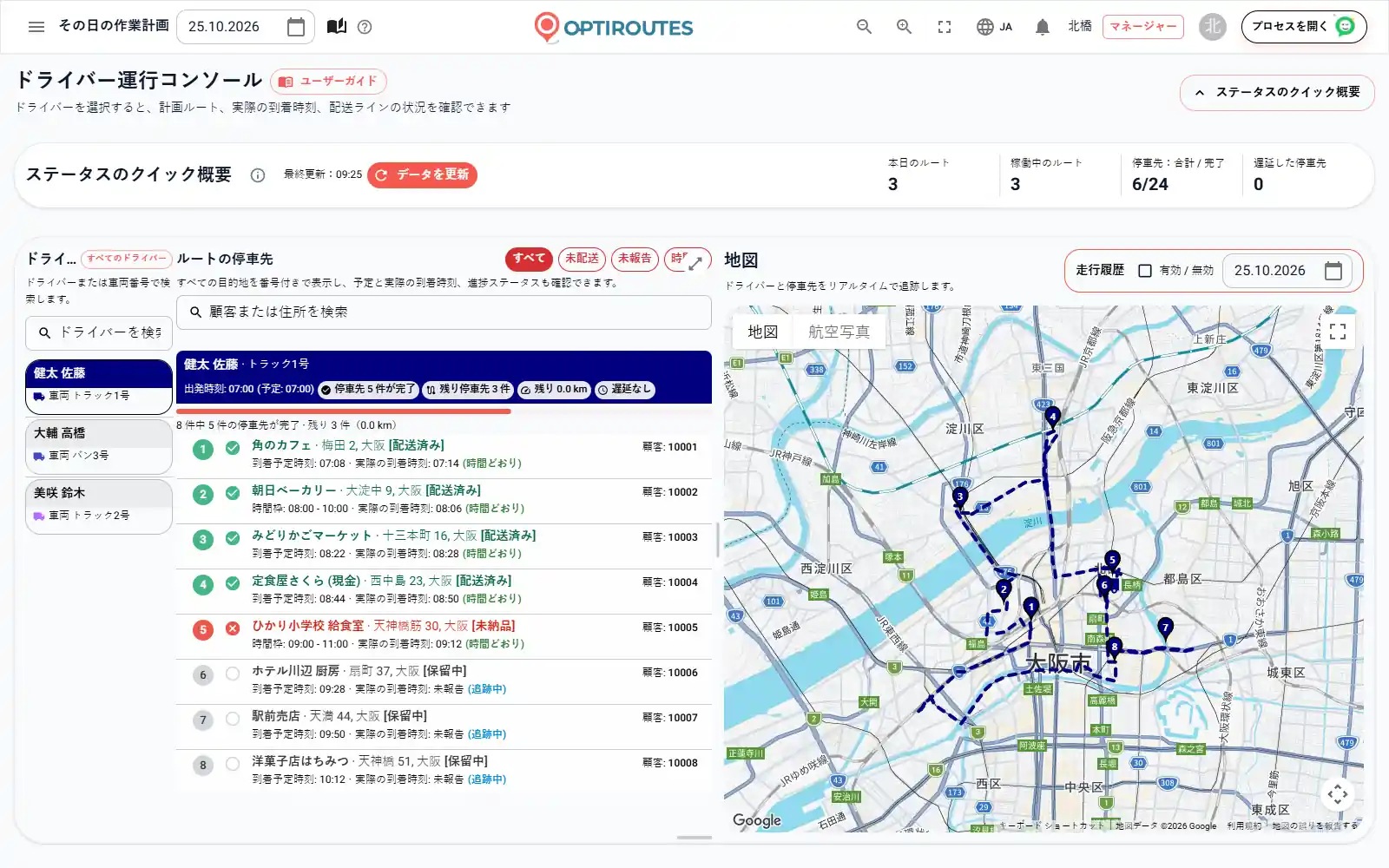 時間枠に対して定刻、遅延、早着が表示された停車先を含むOptiRoutesのリアルタイム配送一覧