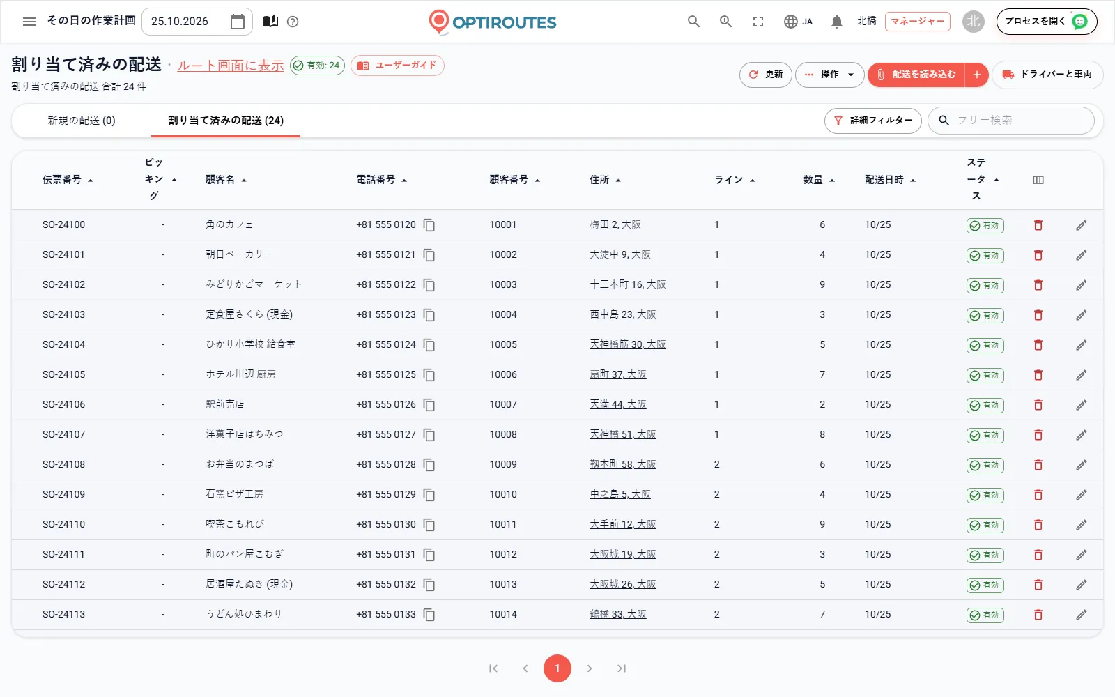 住所の状態を示すチップと選択列付きで当日の配送を一覧表示したOptiRoutesの注文画面