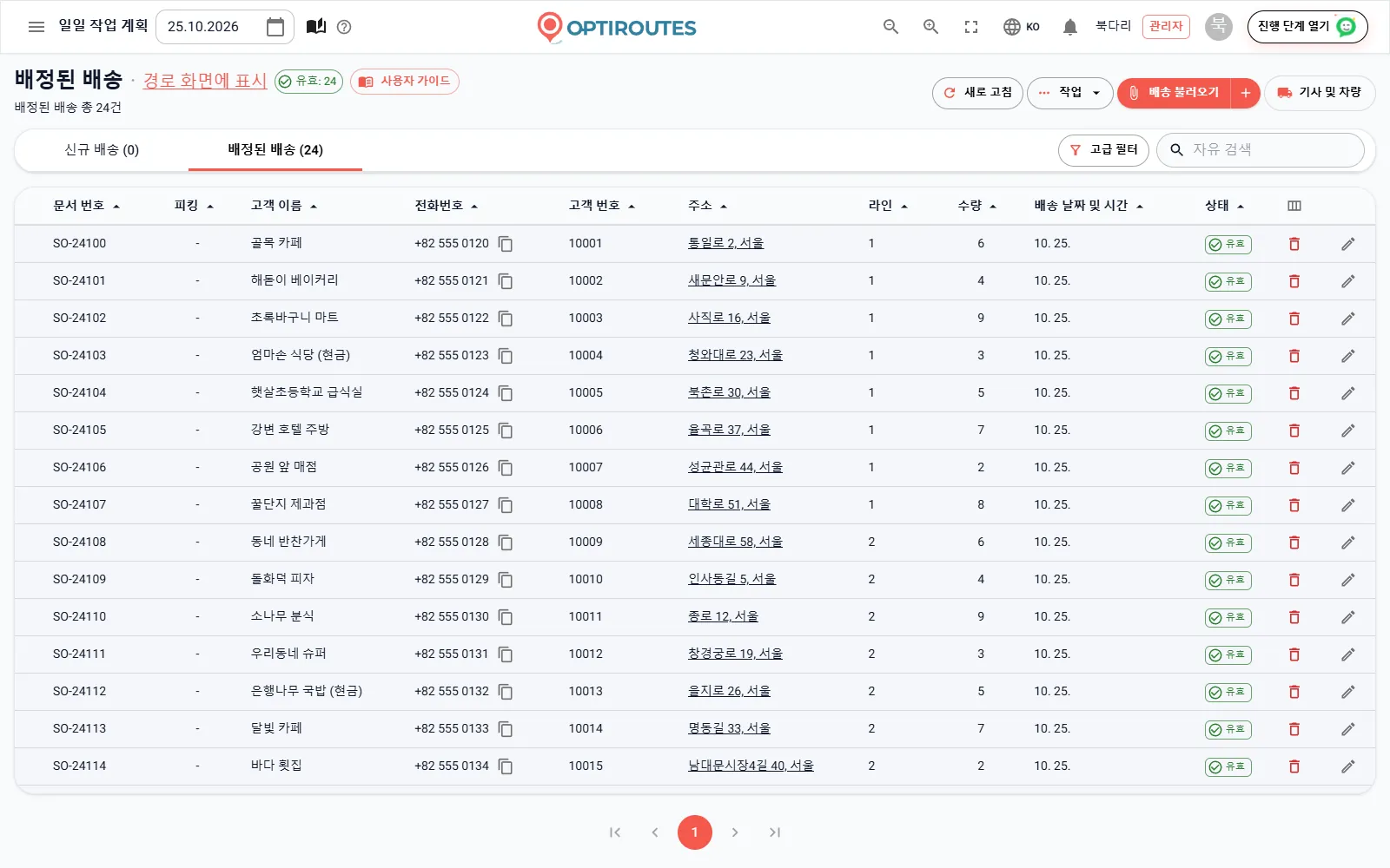 배송 목록과 주소 상태가 표시된 OptiRoutes 주문 화면