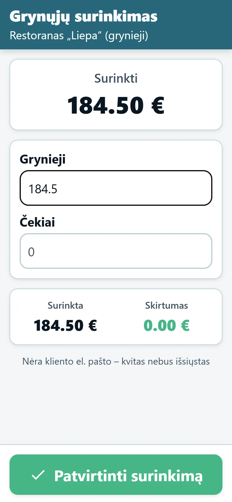 OptiRoutes vairuotojų programėlės grynųjų surinkimo ekranas su mokėtina suma ir grynųjų bei čekių laukais