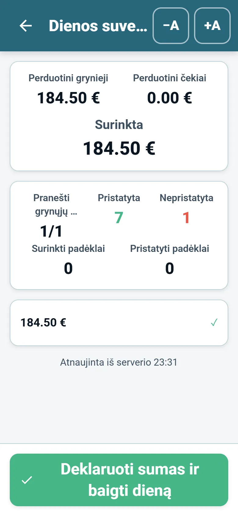 OptiRoutes vairuotojų programėlės dienos pabaigos suvestinė su surinktomis sumomis ir vairuotojo deklaracija