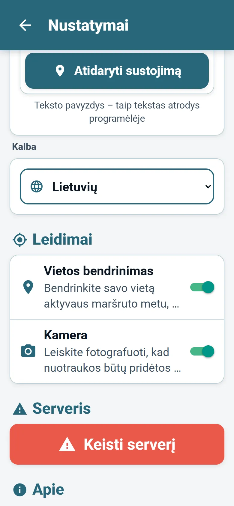 OptiRoutes vairuotojų programėlės meniu su kalbos pasirinkimu ir rodymo režimo parinktimis