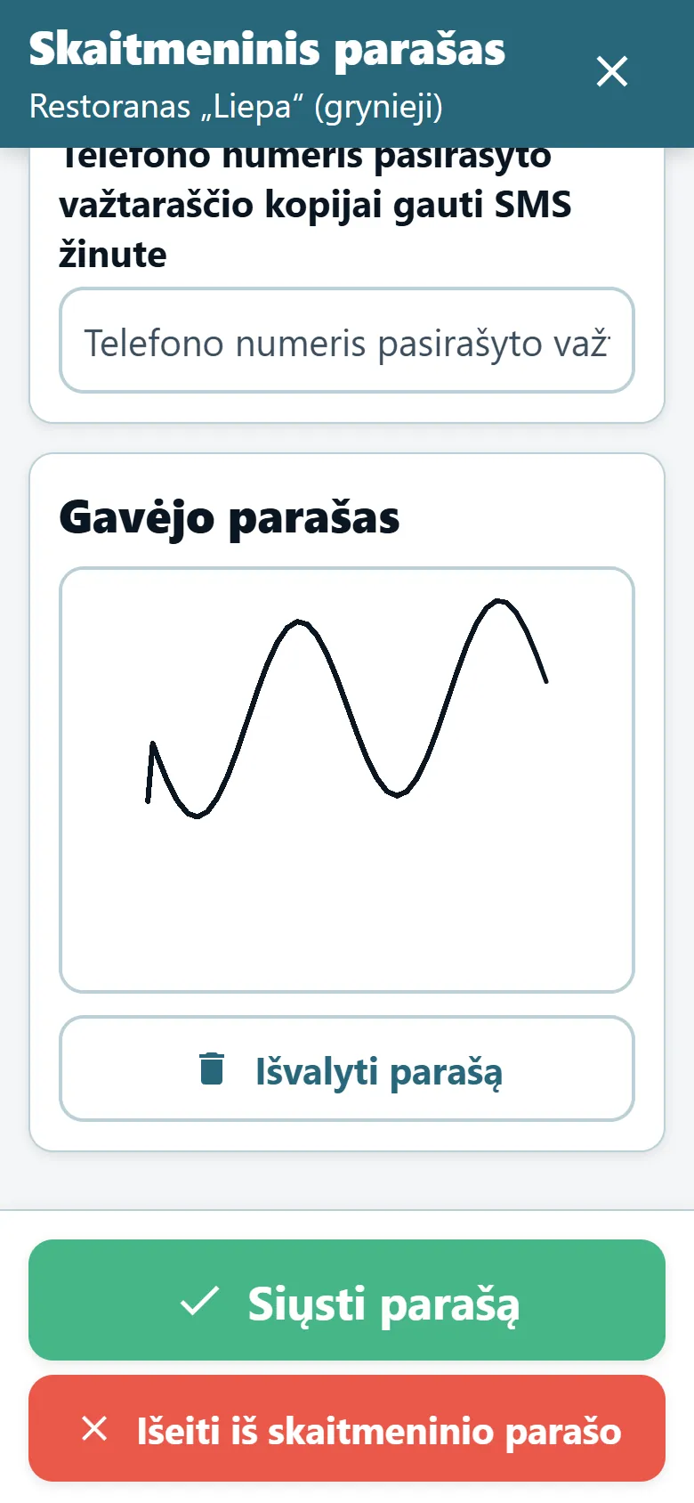OptiRoutes vairuotojų programėlės pristatymo patvirtinimo ekranas su parašo lauku ir nupieštu parašu