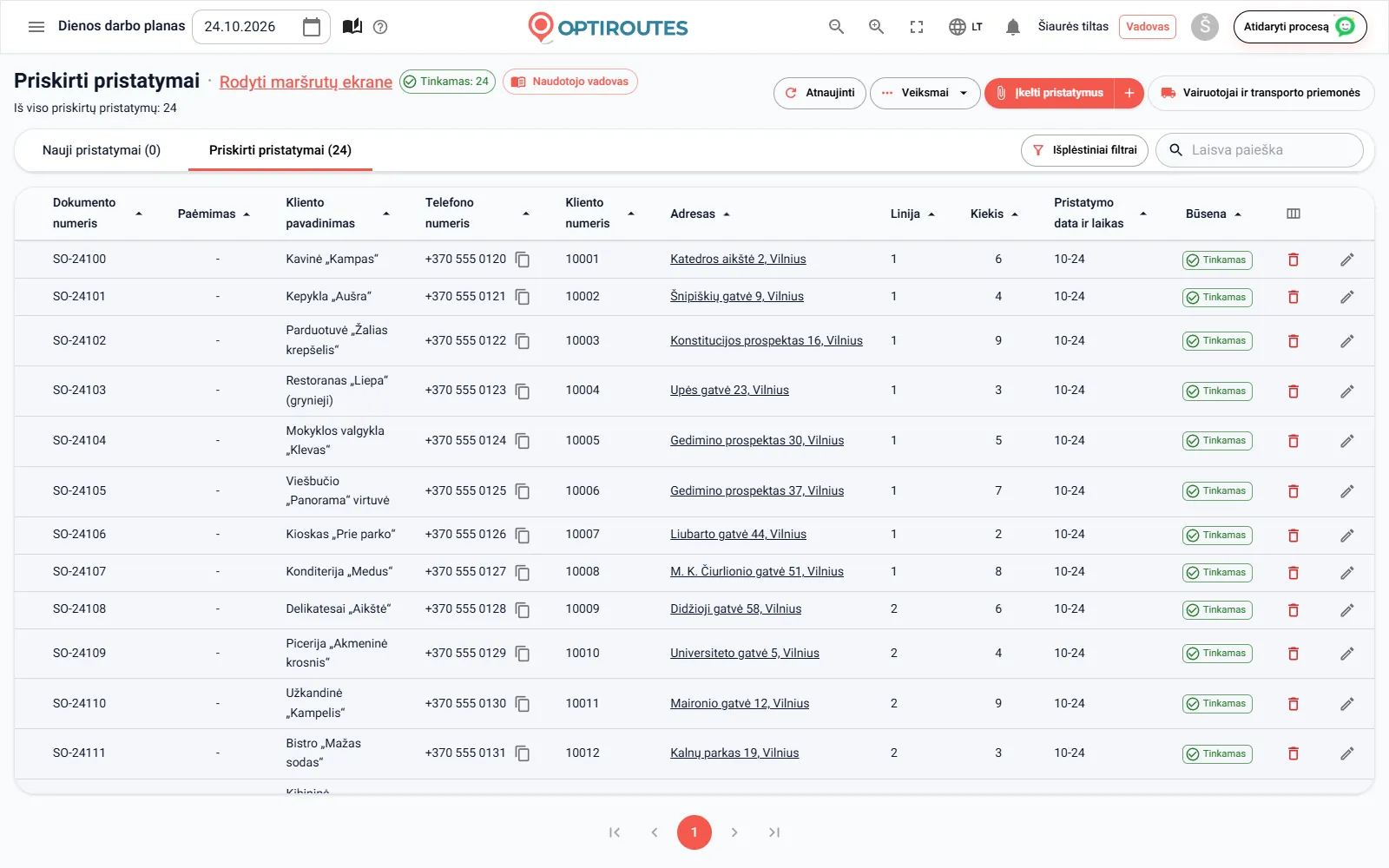 OptiRoutes užsakymų ekranas su pristatymų sąrašu ir jų adresų būsena