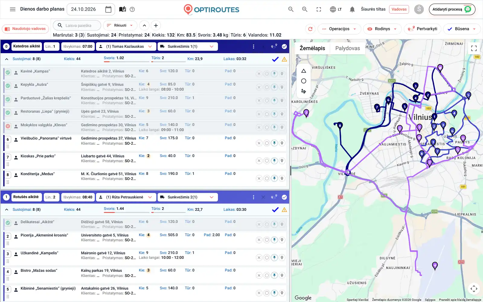 OptiRoutes maršrutų ekranas su trimis spalvotais pristatymų maršrutais žemėlapyje ir maršrutų kortelėmis šalia