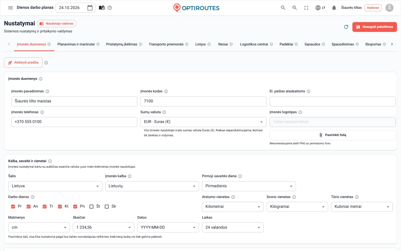 OptiRoutes nustatymų ekranas su įmonės kalba, valiuta, matavimo vienetais ir pirmąja savaitės diena