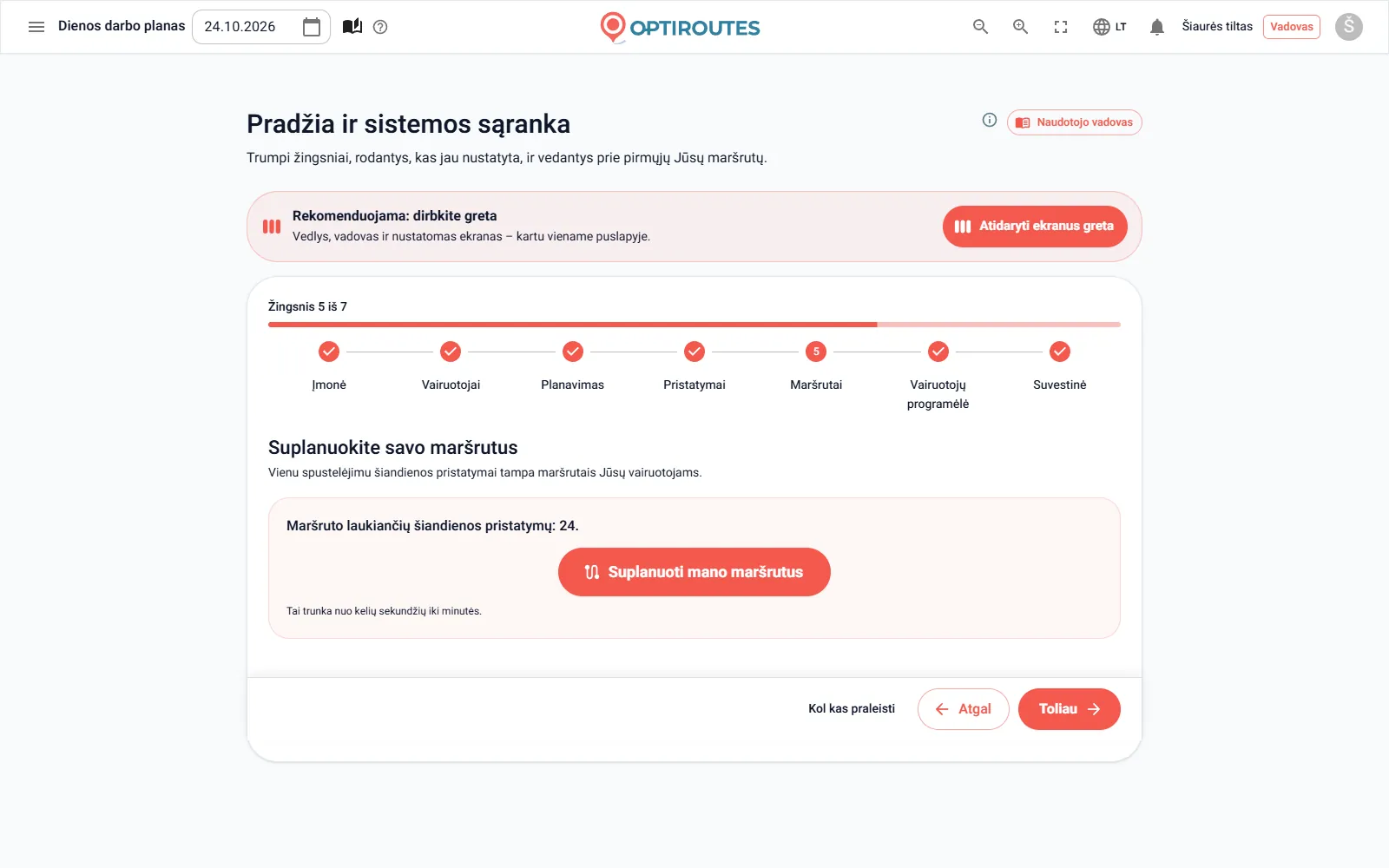 OptiRoutes pradžios vediklis žingsnyje, kuriame suplanuojami dienos maršrutai