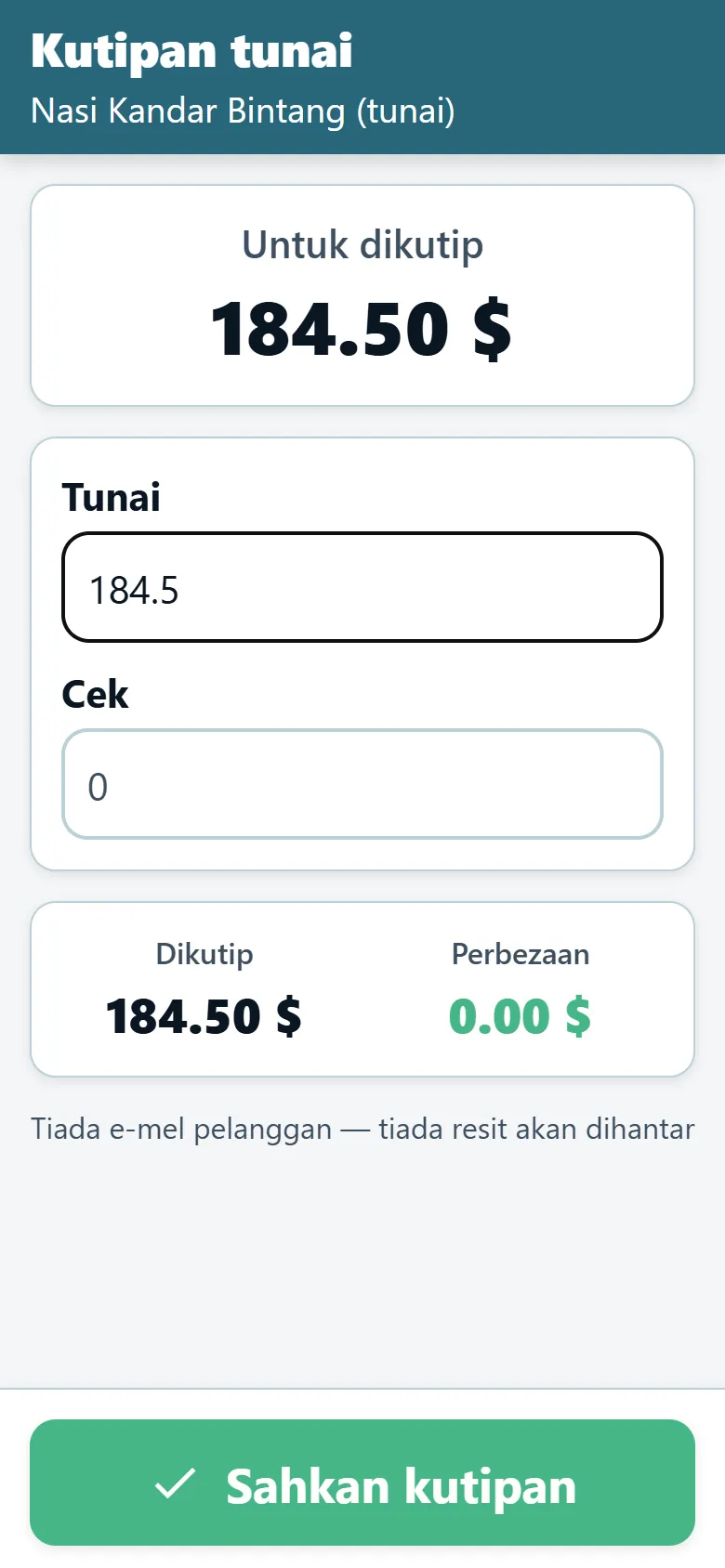 Skrin kutipan tunai aplikasi pemandu OptiRoutes memaparkan jumlah perlu dibayar dan medan untuk tunai dan cek