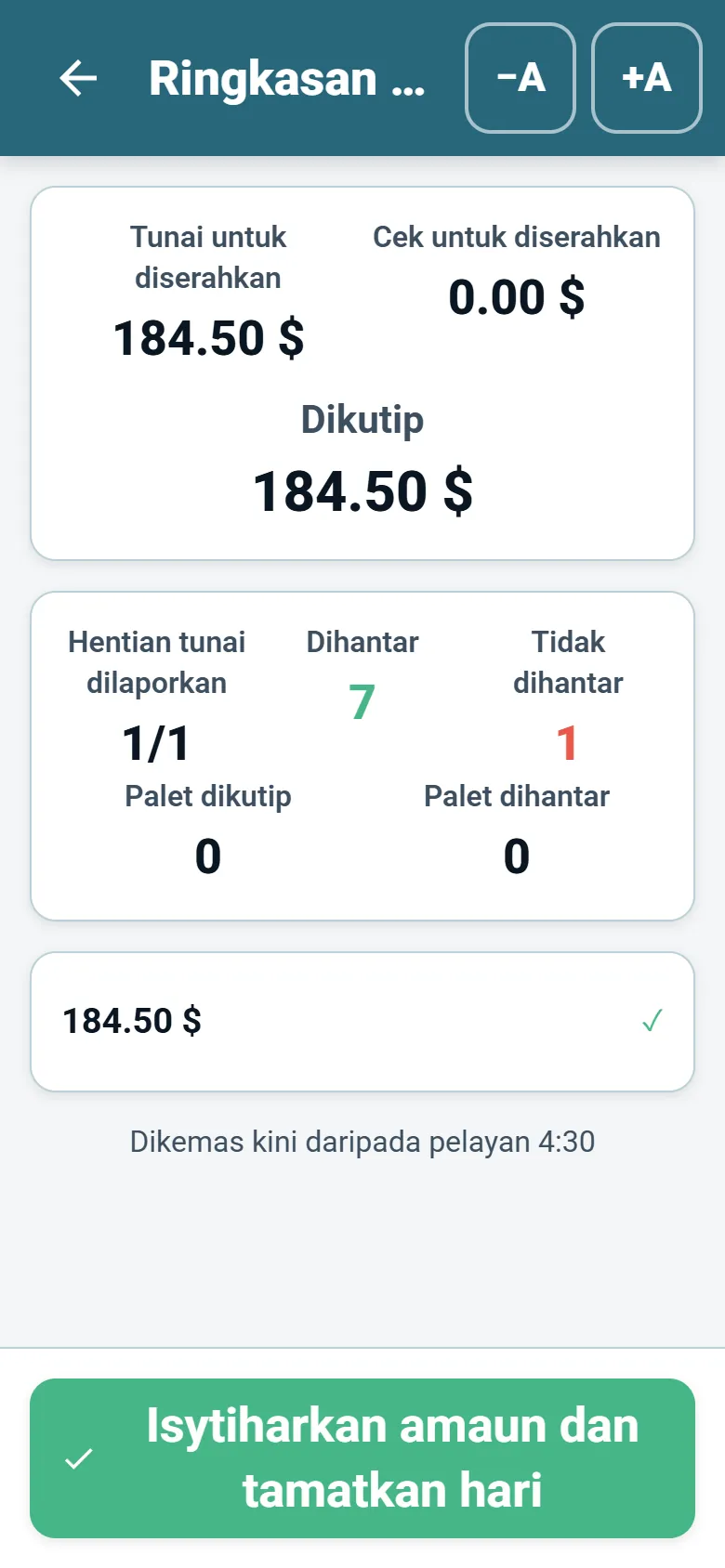 Ringkasan akhir hari aplikasi pemandu OptiRoutes dengan jumlah kutipan dan pengisytiharan pemandu