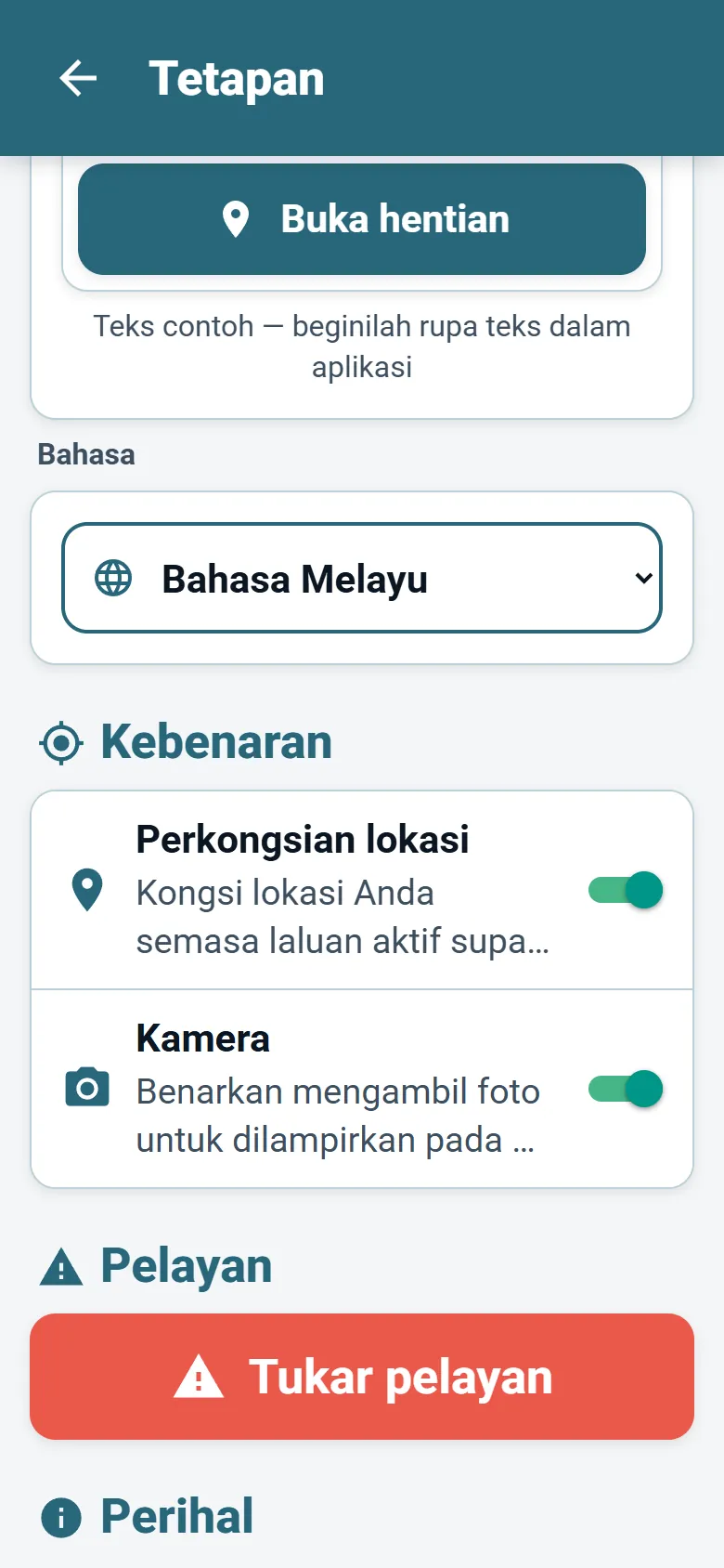 Menu aplikasi pemandu OptiRoutes dengan pemilih bahasa dan pilihan mod paparan