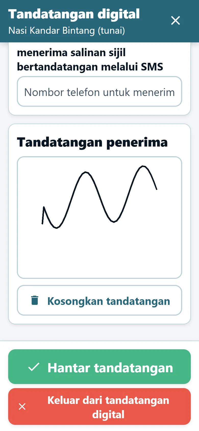 Skrin bukti penghantaran aplikasi pemandu OptiRoutes dengan pad tandatangan dan tandatangan yang dilukis