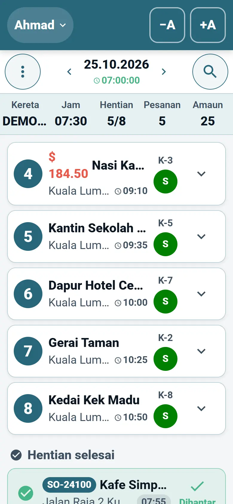 Aplikasi pemandu OptiRoutes memaparkan laluan hari ini sebagai senarai hentian penghantaran