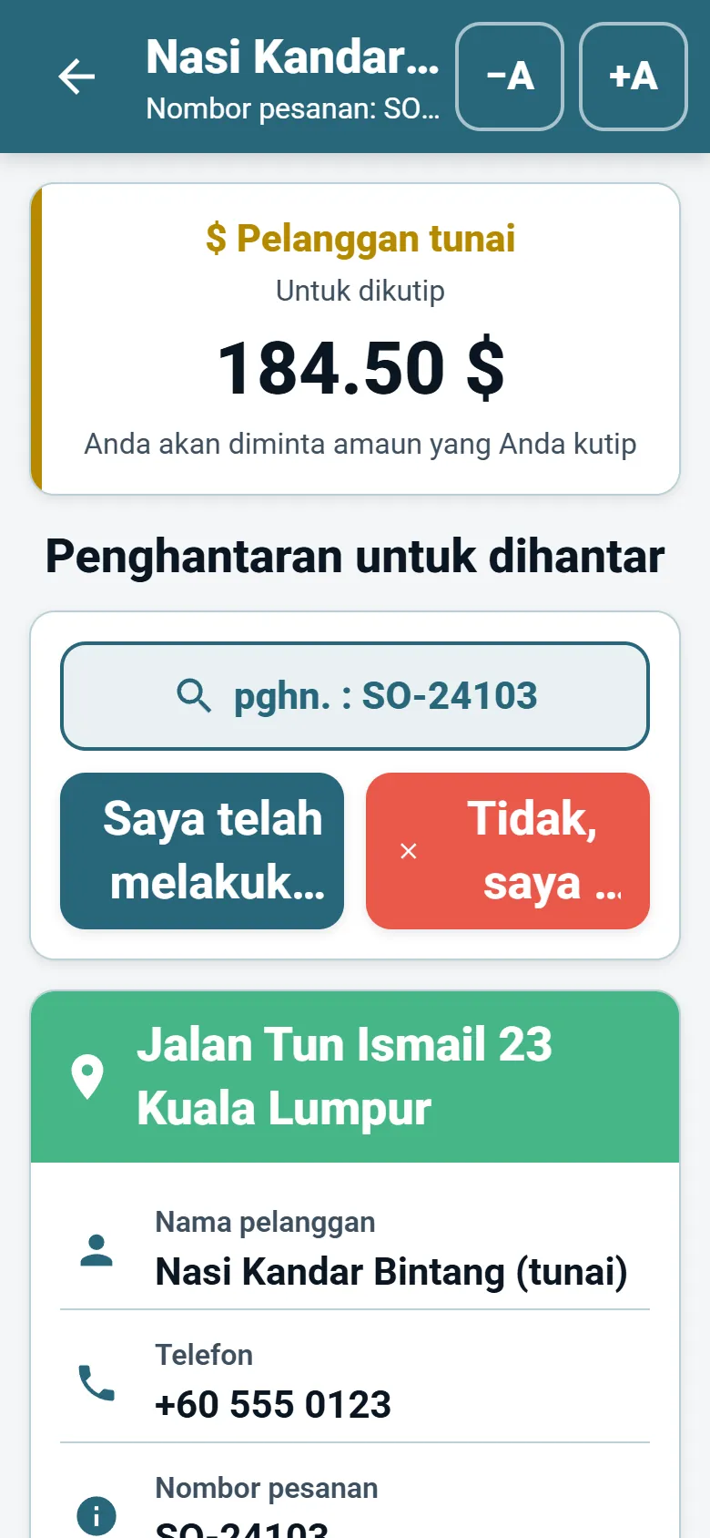 Skrin hentian aplikasi pemandu OptiRoutes dengan butiran pelanggan, butang navigasi dan butang laporan penghantaran