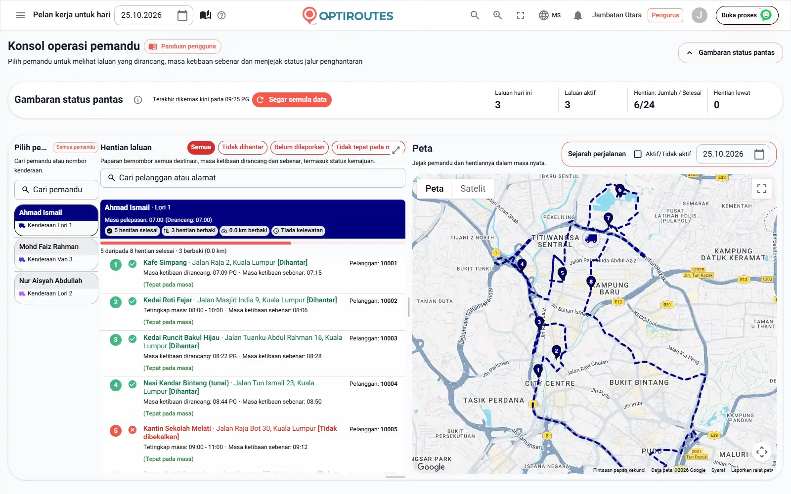 Skrin pengedaran masa nyata OptiRoutes dengan laluan pemandu pada peta langsung dan senarai hentian dengan status