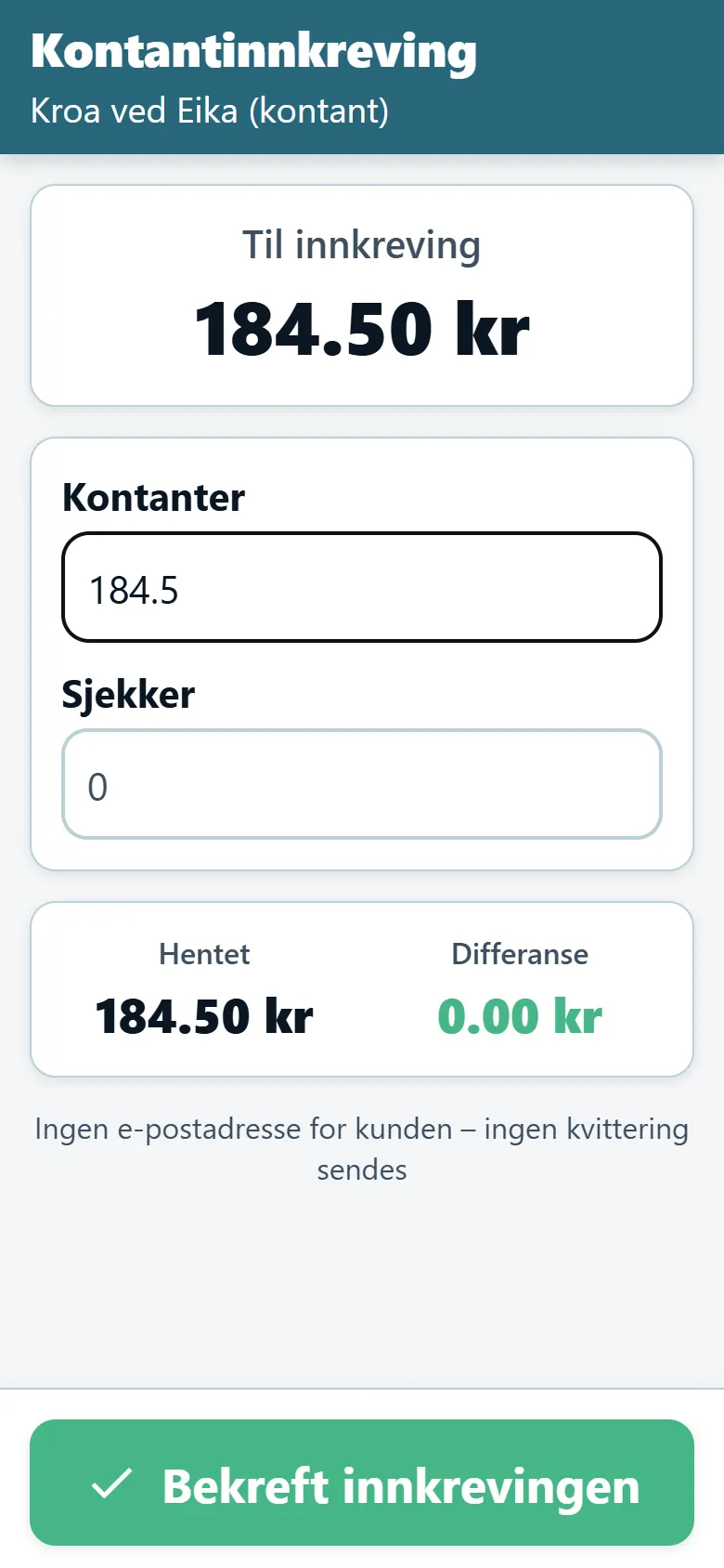 Skjermen for kontantinnkreving i sjåførappen til OptiRoutes med beløpet som skal betales og felter for kontanter og sjekker