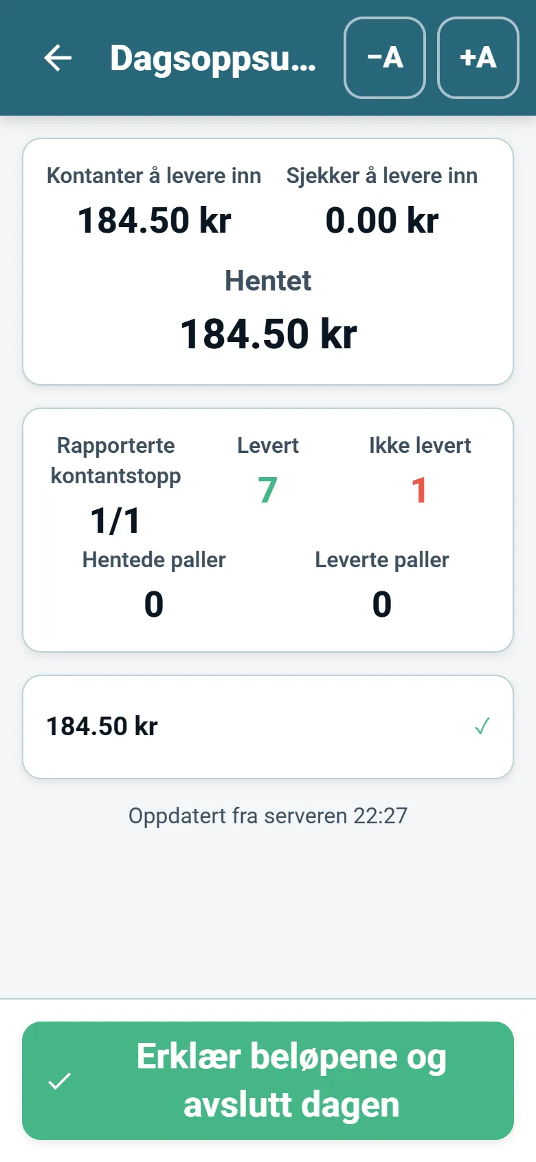 Dagsoppsummeringen i sjåførappen til OptiRoutes med innkrevde totaler og sjåførens erklæring