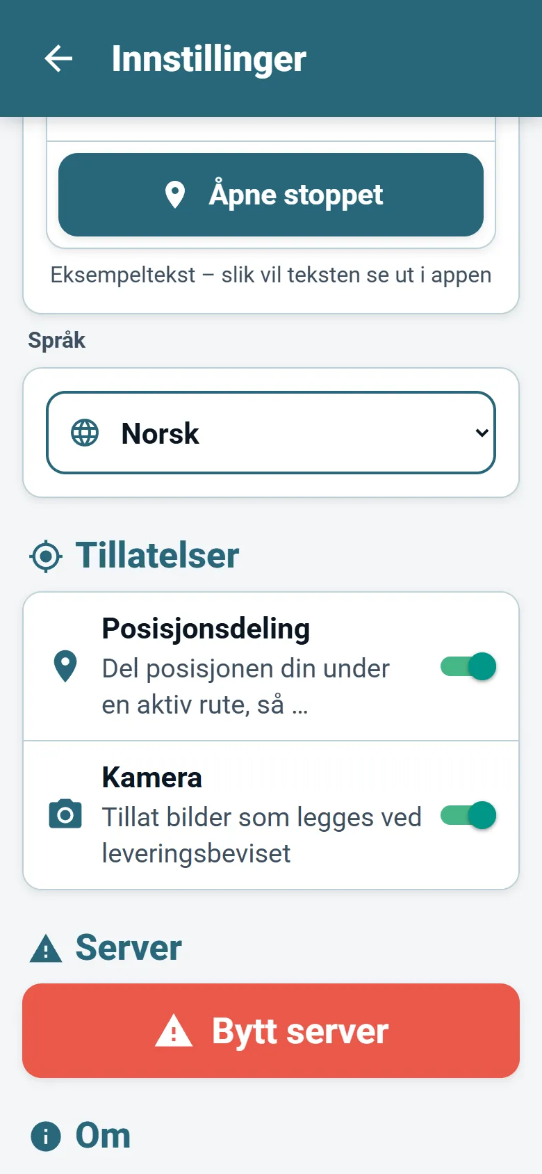 Menyen i sjåførappen til OptiRoutes med språkvelger og valg av visningsmodus