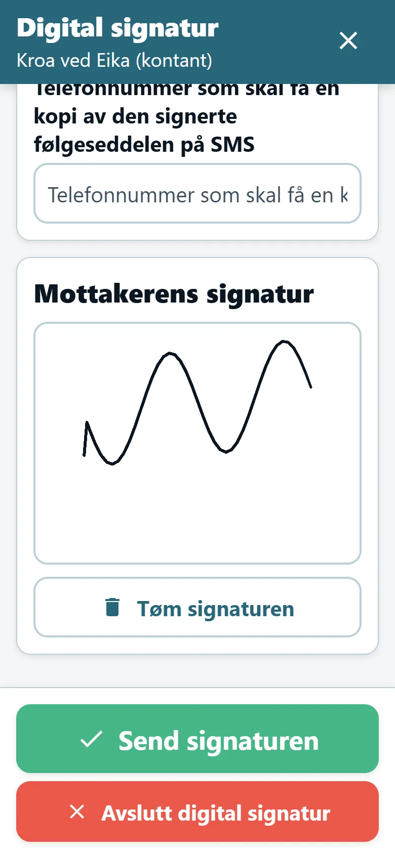 Skjermen for leveringsbevis i sjåførappen til OptiRoutes med et signaturfelt og en tegnet signatur