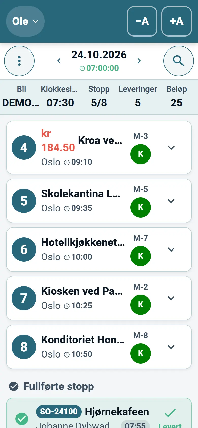 Sjåførappen til OptiRoutes som viser dagens rute som en liste over leveringsstopp