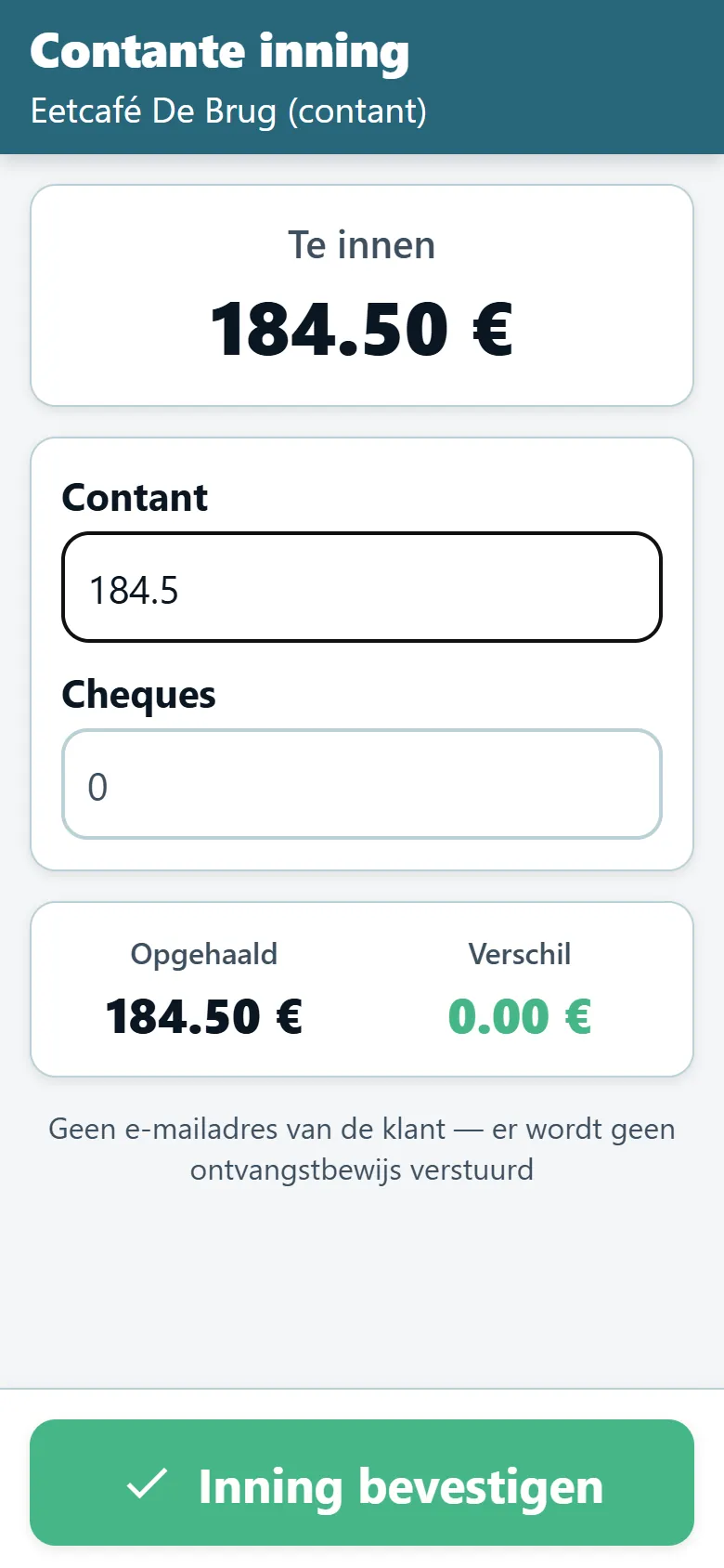Inningsscherm in de chauffeursapp van OptiRoutes met het verschuldigde bedrag en velden voor contant geld en cheques